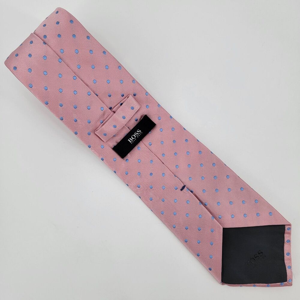 Hugo Boss Mens Pink Blue Embroidered Dots 100% Silk Made in Italy Necktie 60x3.5